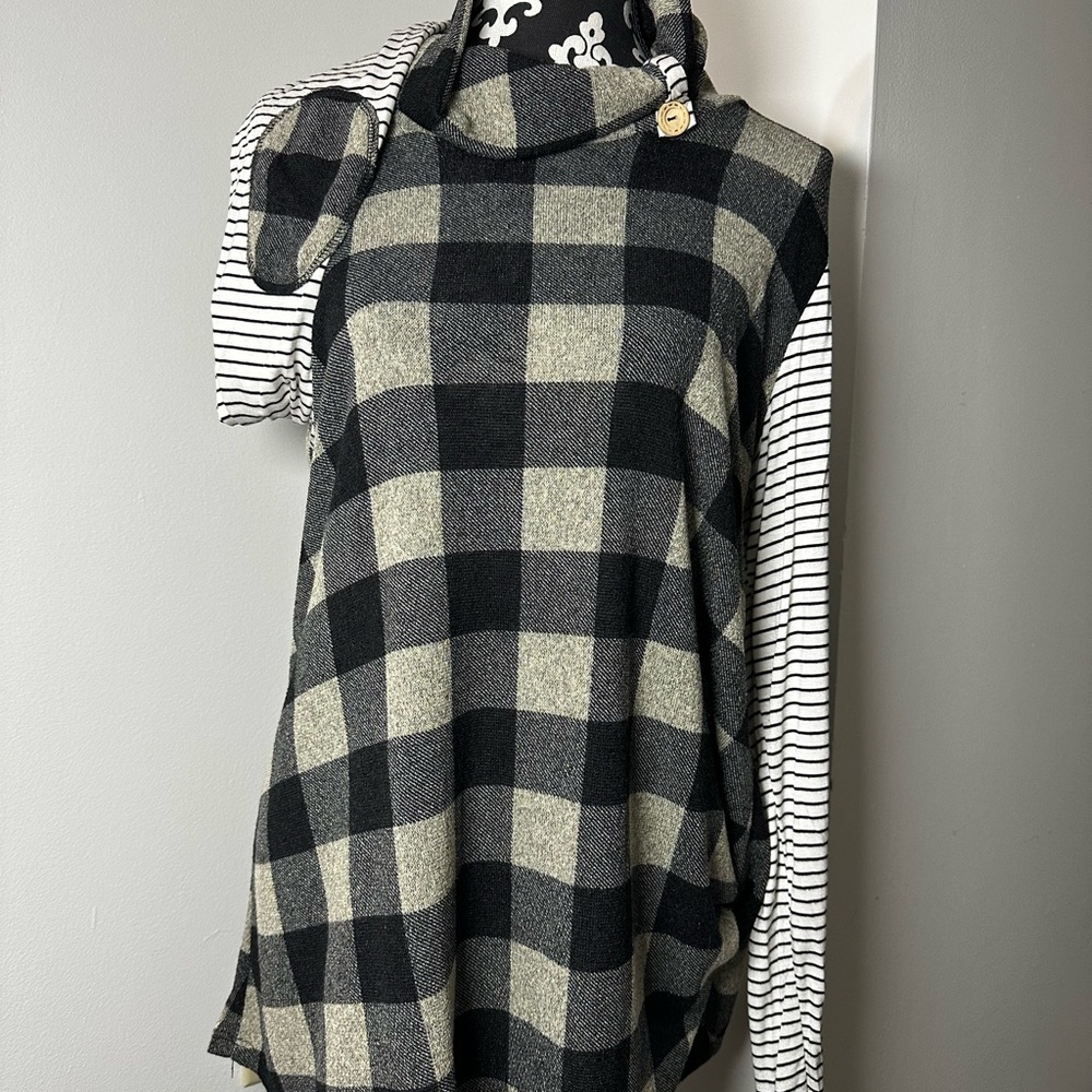 Black and Gray Checkered Top with Striped Sleeves